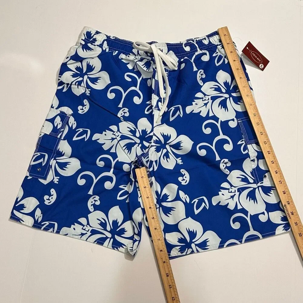 Chalaco Hibiscus Floral Swim Trunks Blue and White | Men Size Large